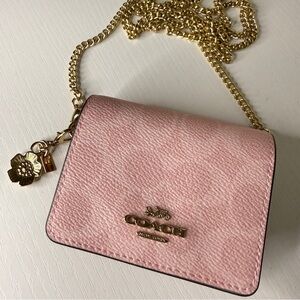 NWT Coach Powder Pink Mini Wallet on a Chain Signature Canvas w/ Tea Rose Charm